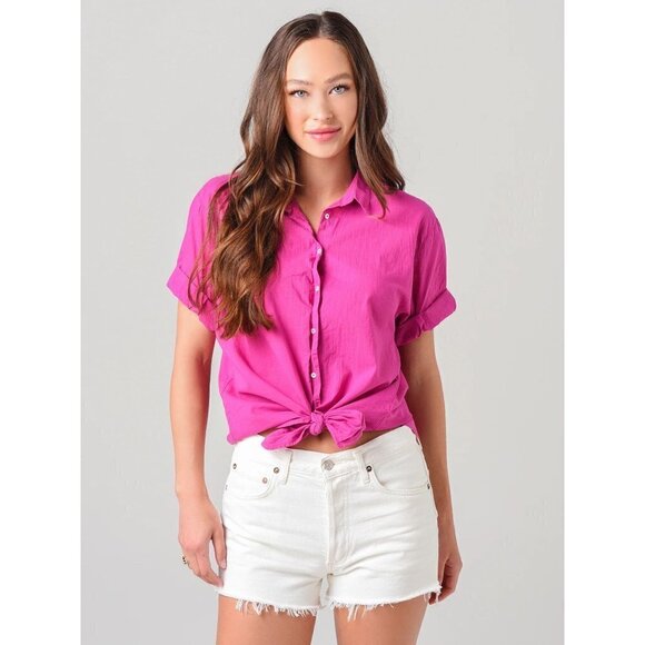 Xirena Rolled Cuff Short Sleeve Button Down Channing Shirt Hot Pink Size S - Picture 1 of 7
